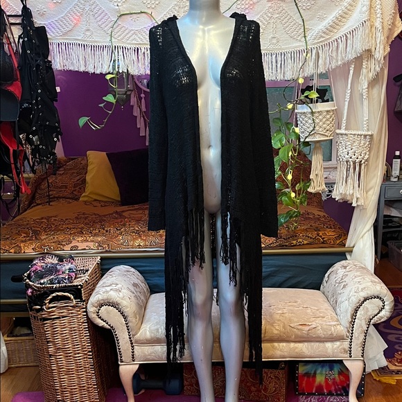 Vintage y2k witchy goth grunge fringe tassel trim hooded crochet knit cardigan - Picture 1 of 4